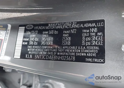 2022 Hyundai Santa Cruz Sel z USA, uszkodzony, nr VIN 5NTJCDAE8NH023678